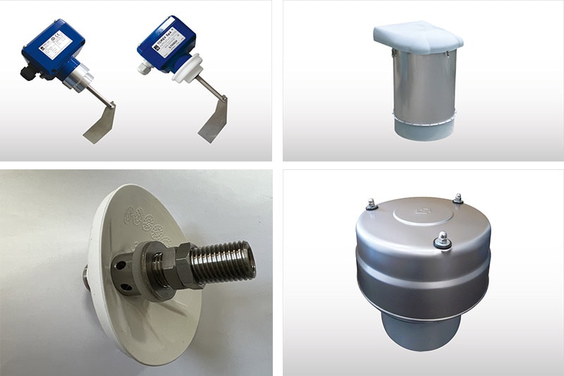 1. Indicateur de niveau ILT 2. Filtre à poussière SILOTOPR03 3. Aérateur de trémie de silo VBS 4. Soupapes de décompression VCP 